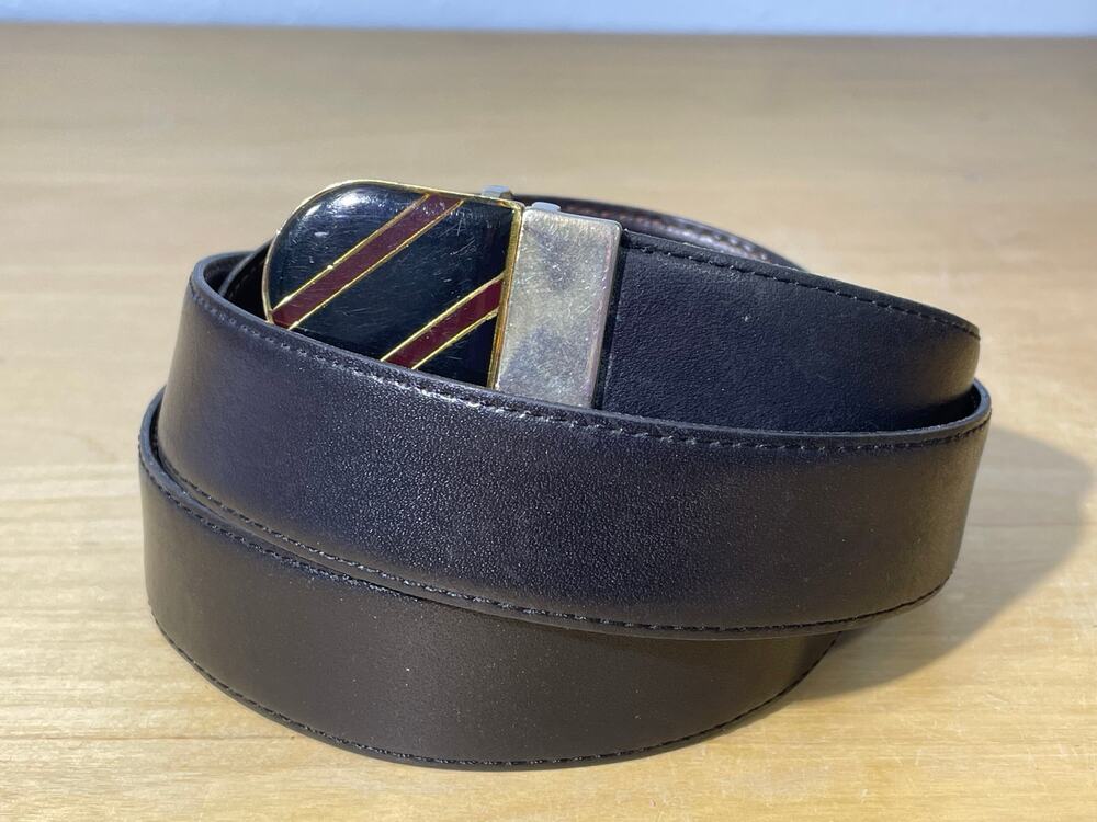 Vintage Ibex Brown Leather Belt Men's 46 Gold Enamel Striped Buckle Preppy Twee
